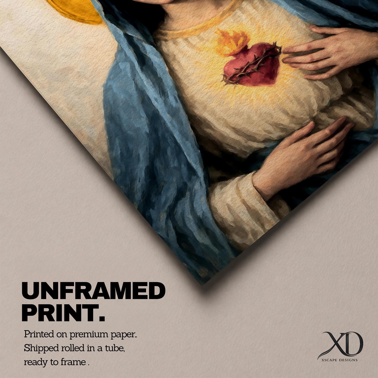 Painting of the Virgin Mary depicting the Immaculate Heart glowing on her chest crowned with thorns and flame, Mary wearing a blue veil and soft robe with a golden halo behind her head, rendered in a vintage Catholic icon style with warm tones and a centered devotional Marian composition.