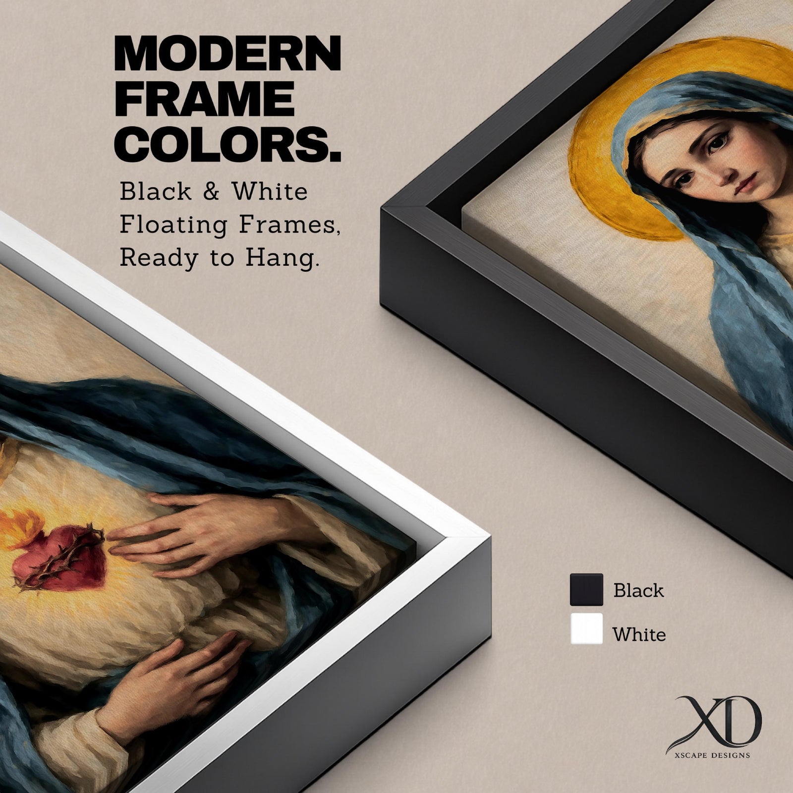 Painting of the Virgin Mary depicting the Immaculate Heart glowing on her chest crowned with thorns and flame, Mary wearing a blue veil and soft robe with a golden halo behind her head, rendered in a vintage Catholic icon style with warm tones and a centered devotional Marian composition.