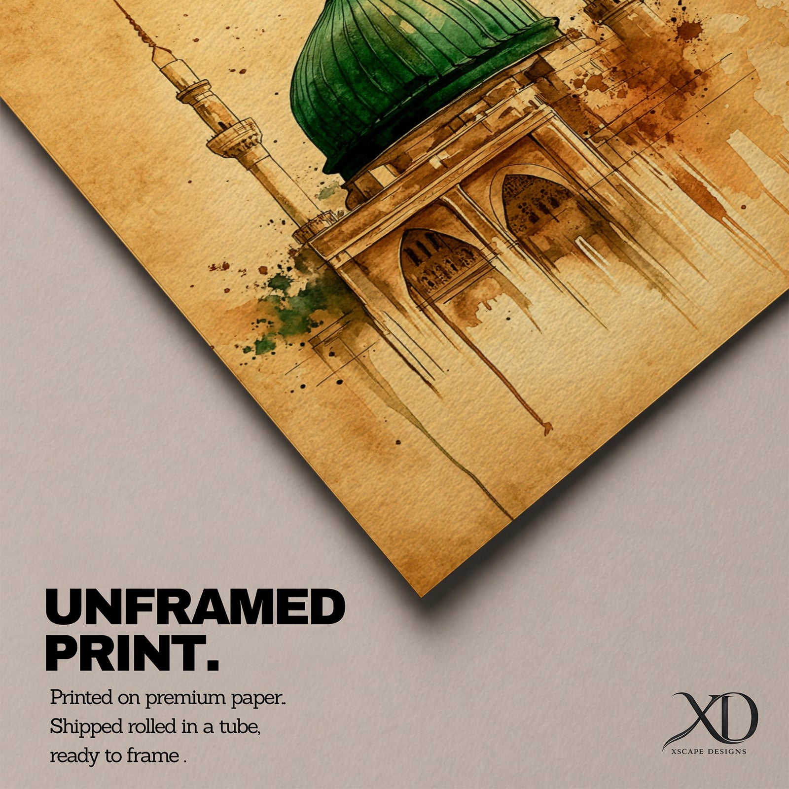 Watercolor illustration of Masjid Nabawi in Medina featuring the iconic green dome and two slender minarets rising above the mosque structure, rendered with soft washes and expressive ink splashes on an aged parchment background that highlights the architectural arches and sacred Islamic landmark.
