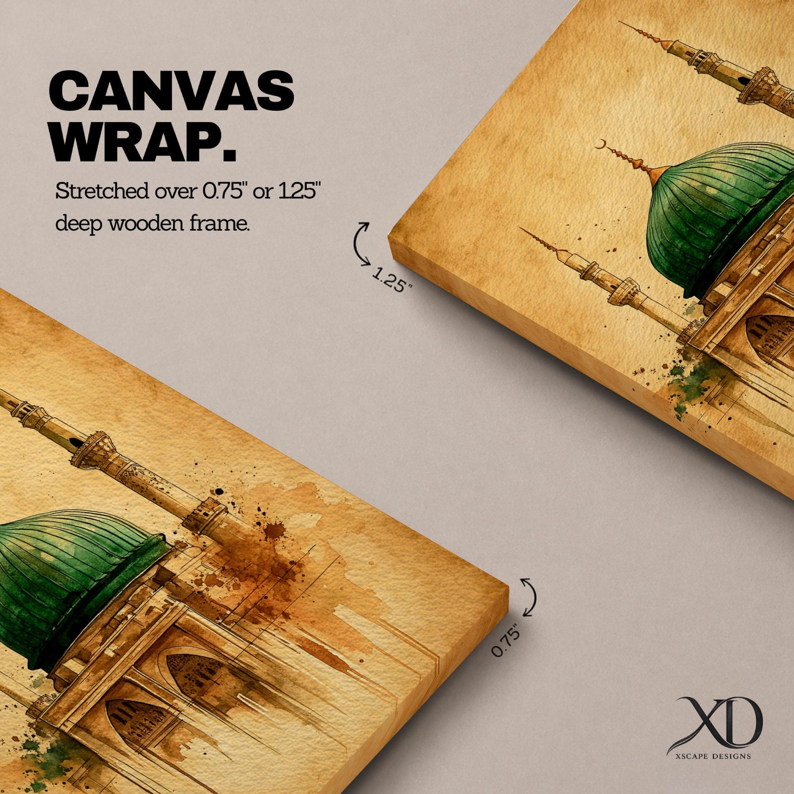 Watercolor illustration of Masjid Nabawi in Medina featuring the iconic green dome and two slender minarets rising above the mosque structure, rendered with soft washes and expressive ink splashes on an aged parchment background that highlights the architectural arches and sacred Islamic landmark.