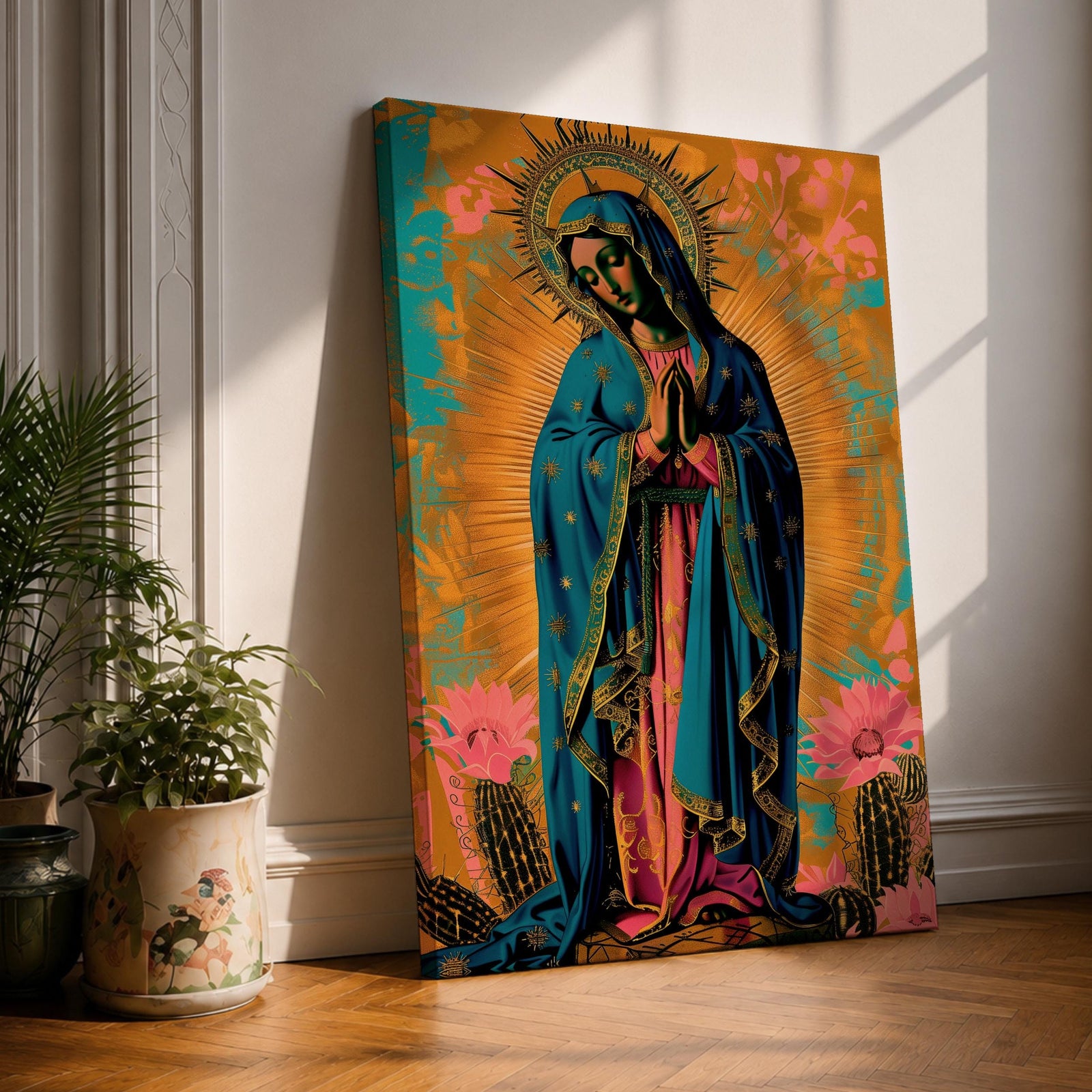 Artwork of Our Lady of Guadalupe standing in prayer with hands clasped and head bowed, wearing a star covered blue mantle and rose colored gown, surrounded by radiant golden rays with stylized flowers near the base, rendered in a vibrant devotional Marian composition inspired by traditional Guadalupe imagery.