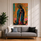 Artwork of Our Lady of Guadalupe standing in prayer with hands clasped and head bowed, wearing a star covered blue mantle and rose colored gown, surrounded by radiant golden rays with stylized flowers near the base, rendered in a vibrant devotional Marian composition inspired by traditional Guadalupe imagery.