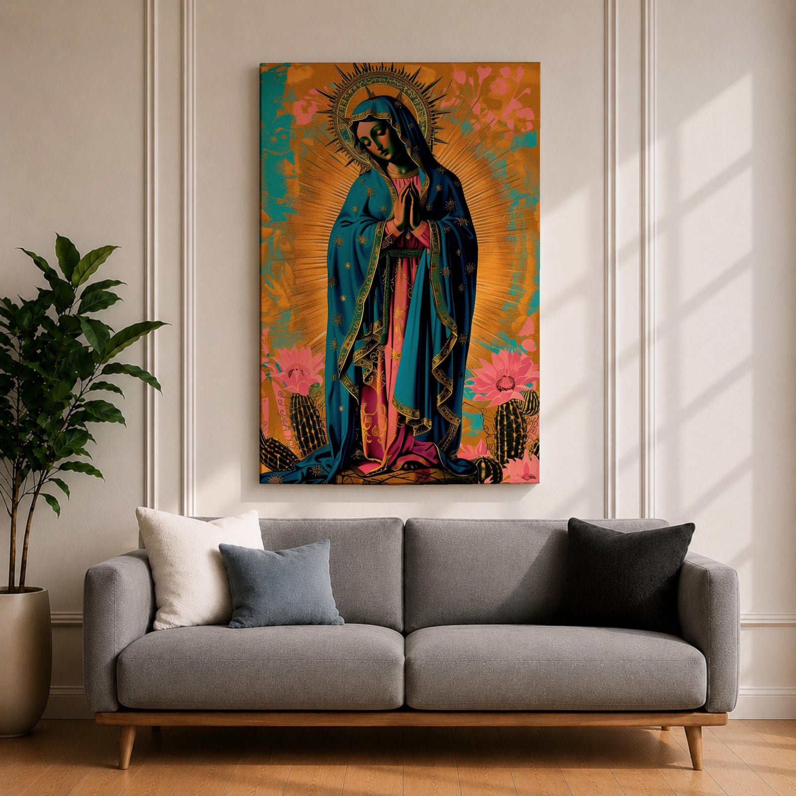 Artwork of Our Lady of Guadalupe standing in prayer with hands clasped and head bowed, wearing a star covered blue mantle and rose colored gown, surrounded by radiant golden rays with stylized flowers near the base, rendered in a vibrant devotional Marian composition inspired by traditional Guadalupe imagery.
