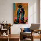 Artwork of Our Lady of Guadalupe standing in prayer with hands clasped and head bowed, wearing a star covered blue mantle and rose colored gown, surrounded by radiant golden rays with stylized flowers near the base, rendered in a vibrant devotional Marian composition inspired by traditional Guadalupe imagery.