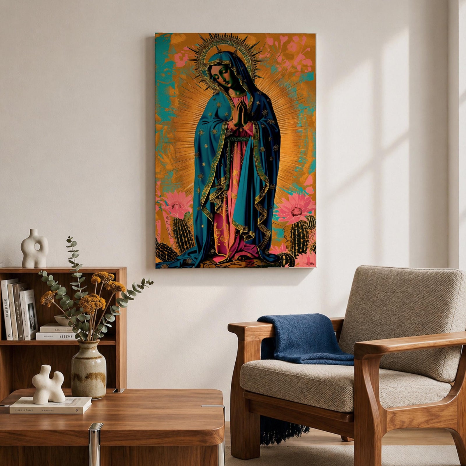 Artwork of Our Lady of Guadalupe standing in prayer with hands clasped and head bowed, wearing a star covered blue mantle and rose colored gown, surrounded by radiant golden rays with stylized flowers near the base, rendered in a vibrant devotional Marian composition inspired by traditional Guadalupe imagery.