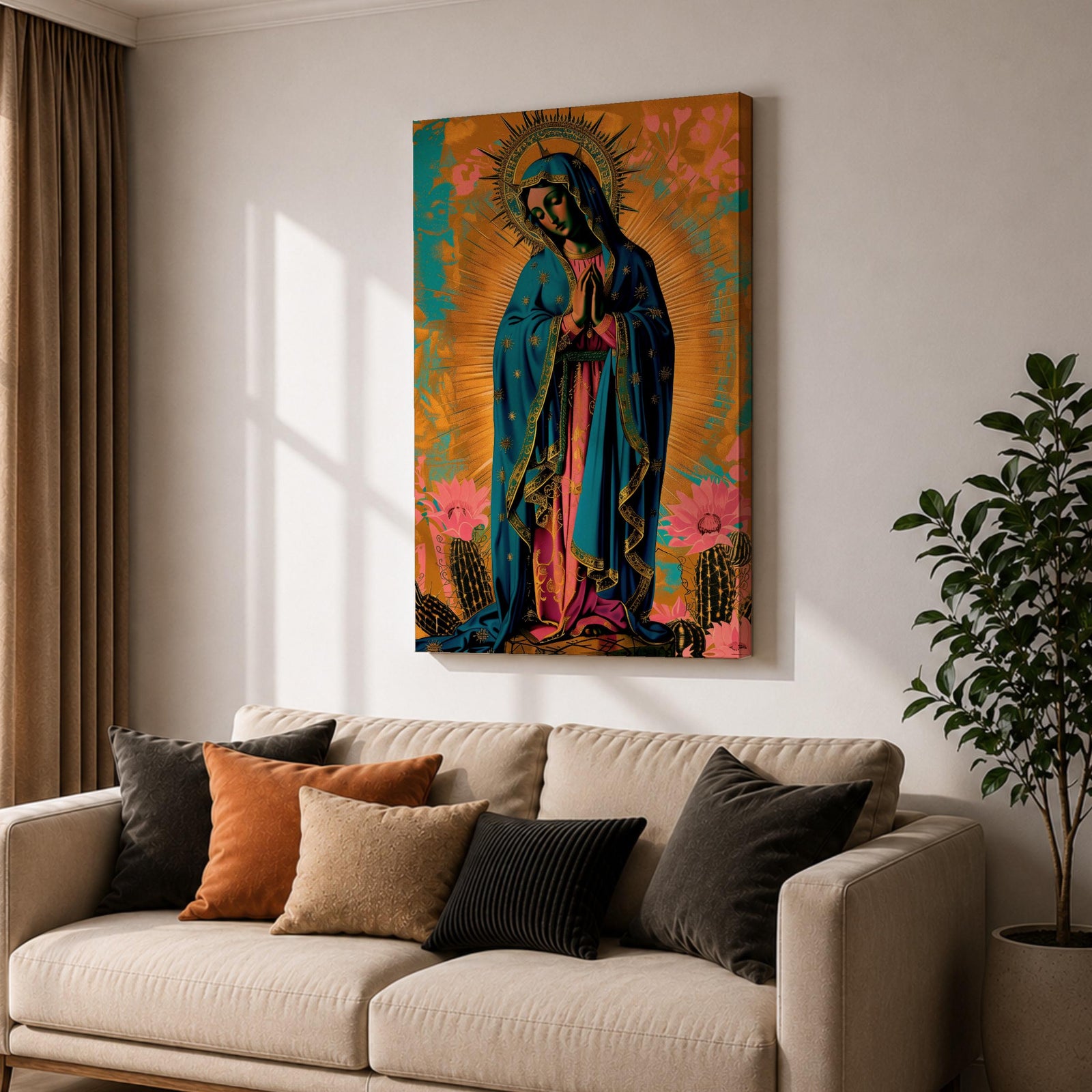 Artwork of Our Lady of Guadalupe standing in prayer with hands clasped and head bowed, wearing a star covered blue mantle and rose colored gown, surrounded by radiant golden rays with stylized flowers near the base, rendered in a vibrant devotional Marian composition inspired by traditional Guadalupe imagery.