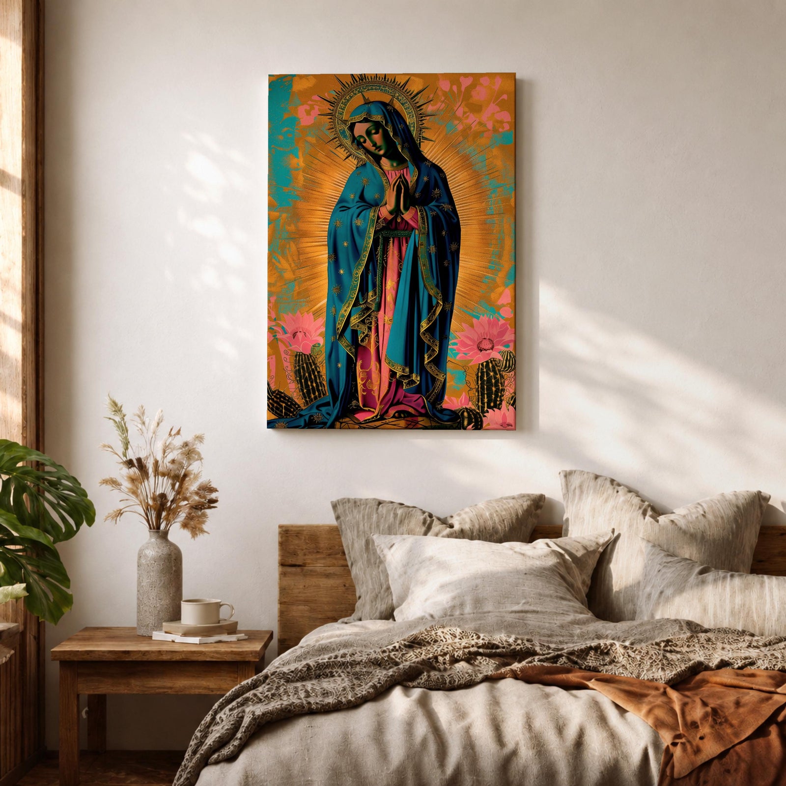 Artwork of Our Lady of Guadalupe standing in prayer with hands clasped and head bowed, wearing a star covered blue mantle and rose colored gown, surrounded by radiant golden rays with stylized flowers near the base, rendered in a vibrant devotional Marian composition inspired by traditional Guadalupe imagery.