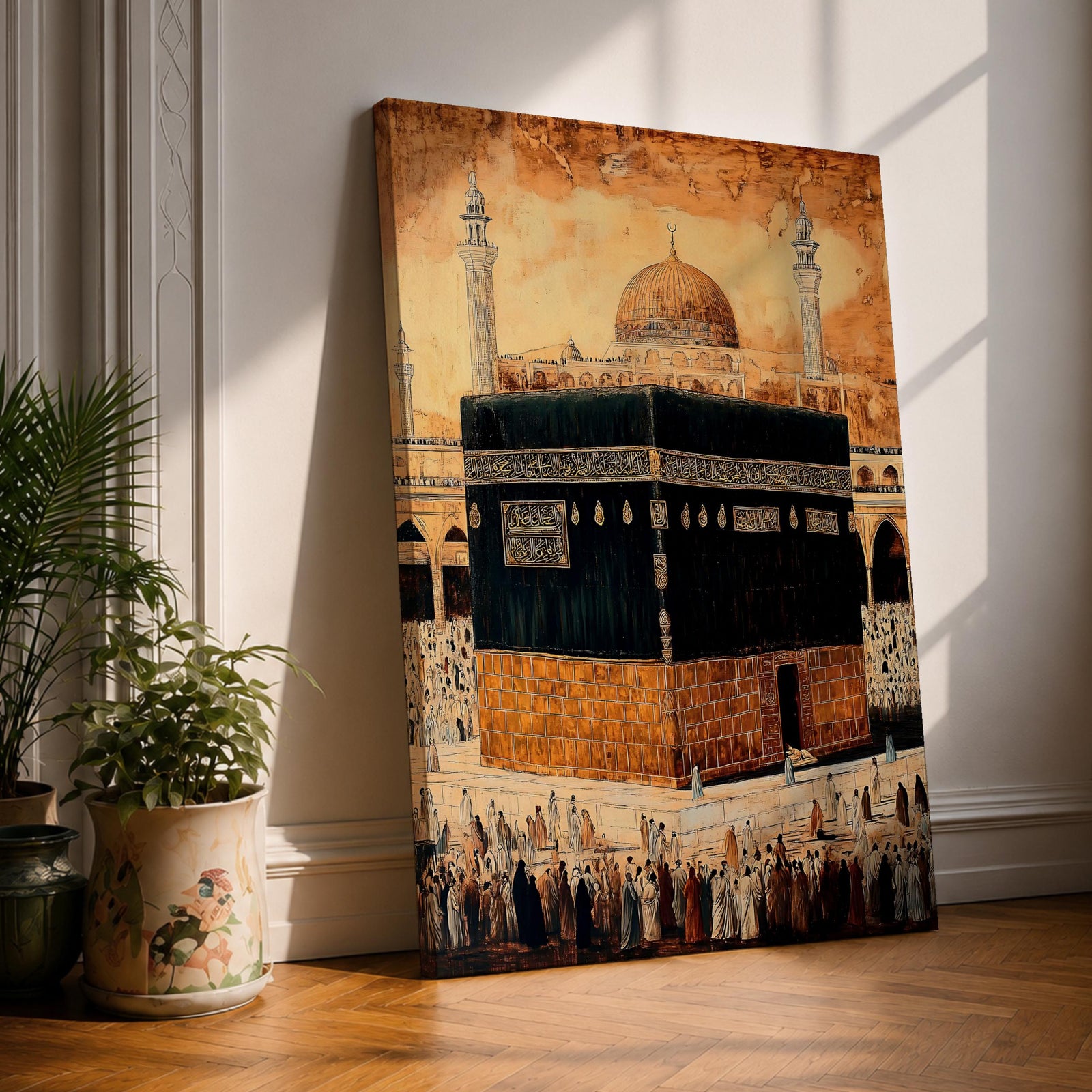 Illustrated depiction of the Kaaba in Mecca surrounded by worshippers performing pilgrimage around the sacred cubic sanctuary draped in the black kiswah with gold calligraphy, with mosque arches, minarets, and a distant dome rendered in a warm aged vintage parchment style with detailed architectural lines and historic Islamic atmosphere.