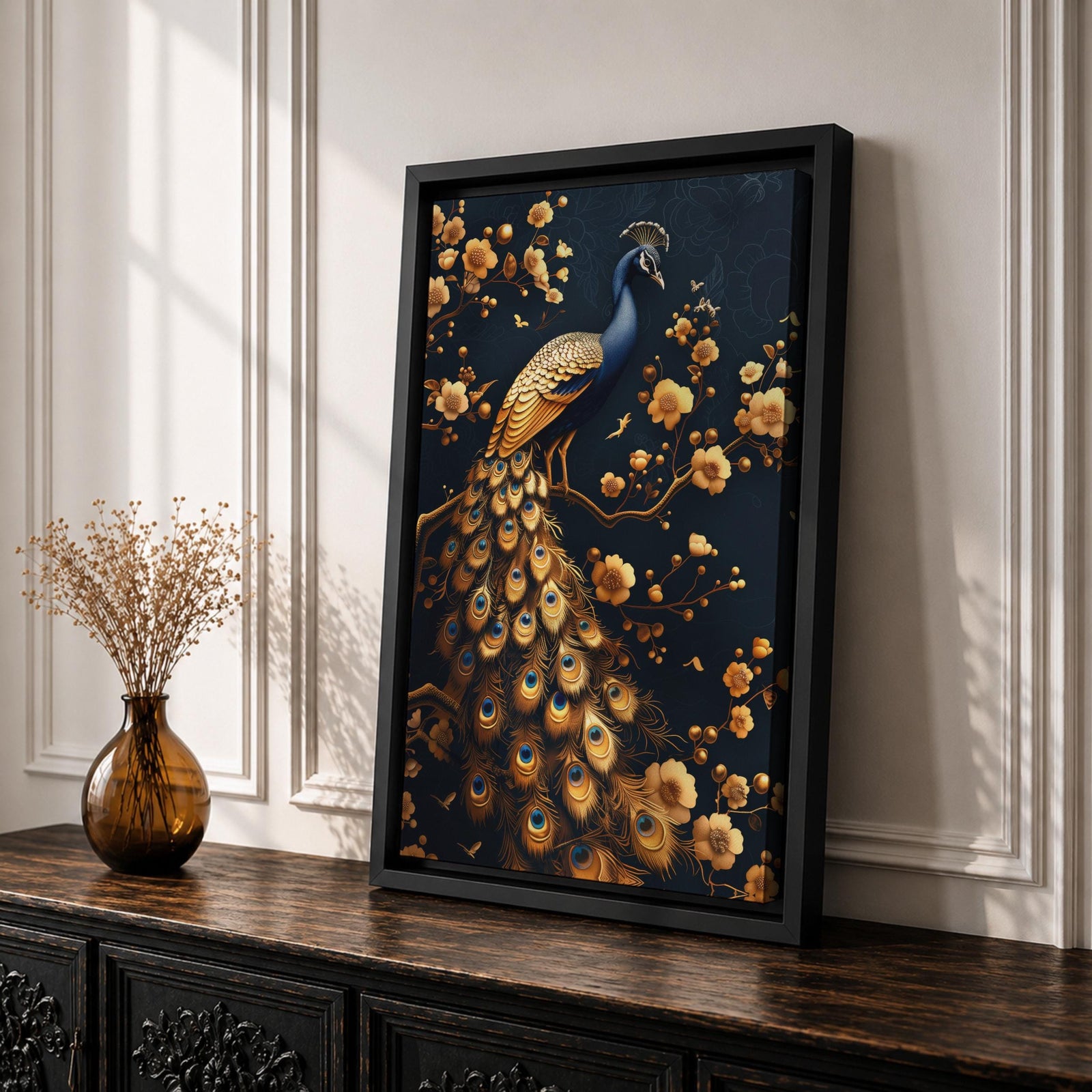 Peacock Bird Wall Art Royal Golden Tail Feather Nature Gift Living Room Home Decor