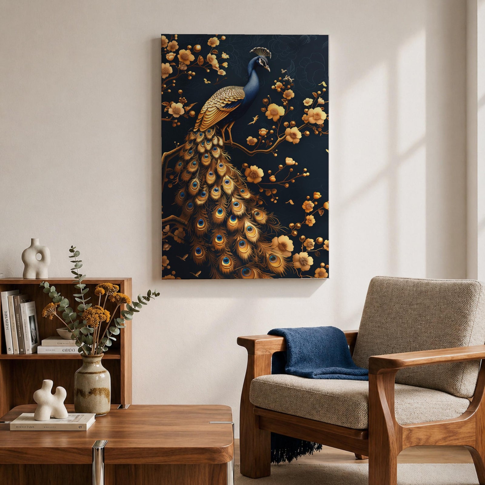 Peacock Bird Wall Art Royal Golden Tail Feather Nature Gift Living Room Home Decor