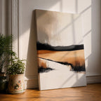 This artwork features an abstract landscape with a rustic seascape theme, showcasing textured brush strokes and a muted color palette. The composition highlights open fields and distant hills blending into a calm water body, rendered with an abstract style that emphasizes form and texture over detail.