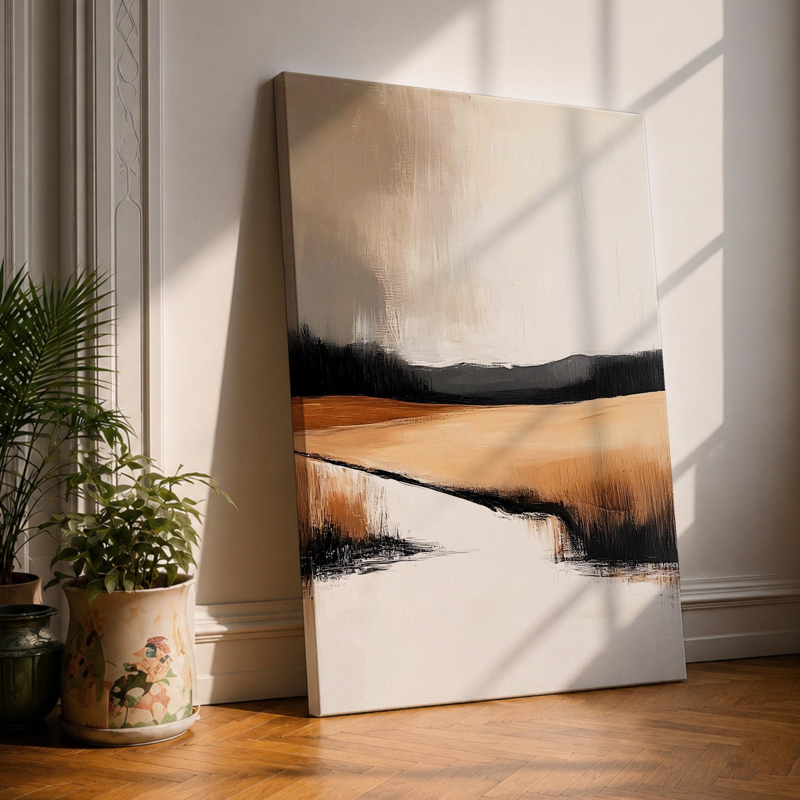 This artwork features an abstract landscape with a rustic seascape theme, showcasing textured brush strokes and a muted color palette. The composition highlights open fields and distant hills blending into a calm water body, rendered with an abstract style that emphasizes form and texture over detail.