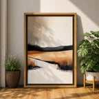 This artwork features an abstract landscape with a rustic seascape theme, showcasing textured brush strokes and a muted color palette. The composition highlights open fields and distant hills blending into a calm water body, rendered with an abstract style that emphasizes form and texture over detail.