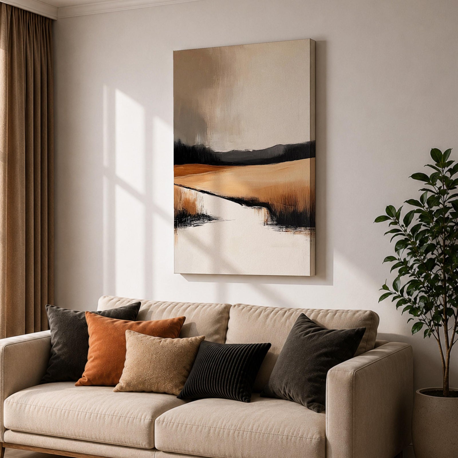 This artwork features an abstract landscape with a rustic seascape theme, showcasing textured brush strokes and a muted color palette. The composition highlights open fields and distant hills blending into a calm water body, rendered with an abstract style that emphasizes form and texture over detail.