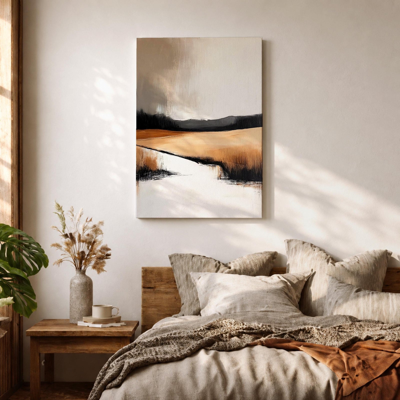 This artwork features an abstract landscape with a rustic seascape theme, showcasing textured brush strokes and a muted color palette. The composition highlights open fields and distant hills blending into a calm water body, rendered with an abstract style that emphasizes form and texture over detail.