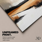 This artwork features an abstract landscape with a rustic seascape theme, showcasing textured brush strokes and a muted color palette. The composition highlights open fields and distant hills blending into a calm water body, rendered with an abstract style that emphasizes form and texture over detail.