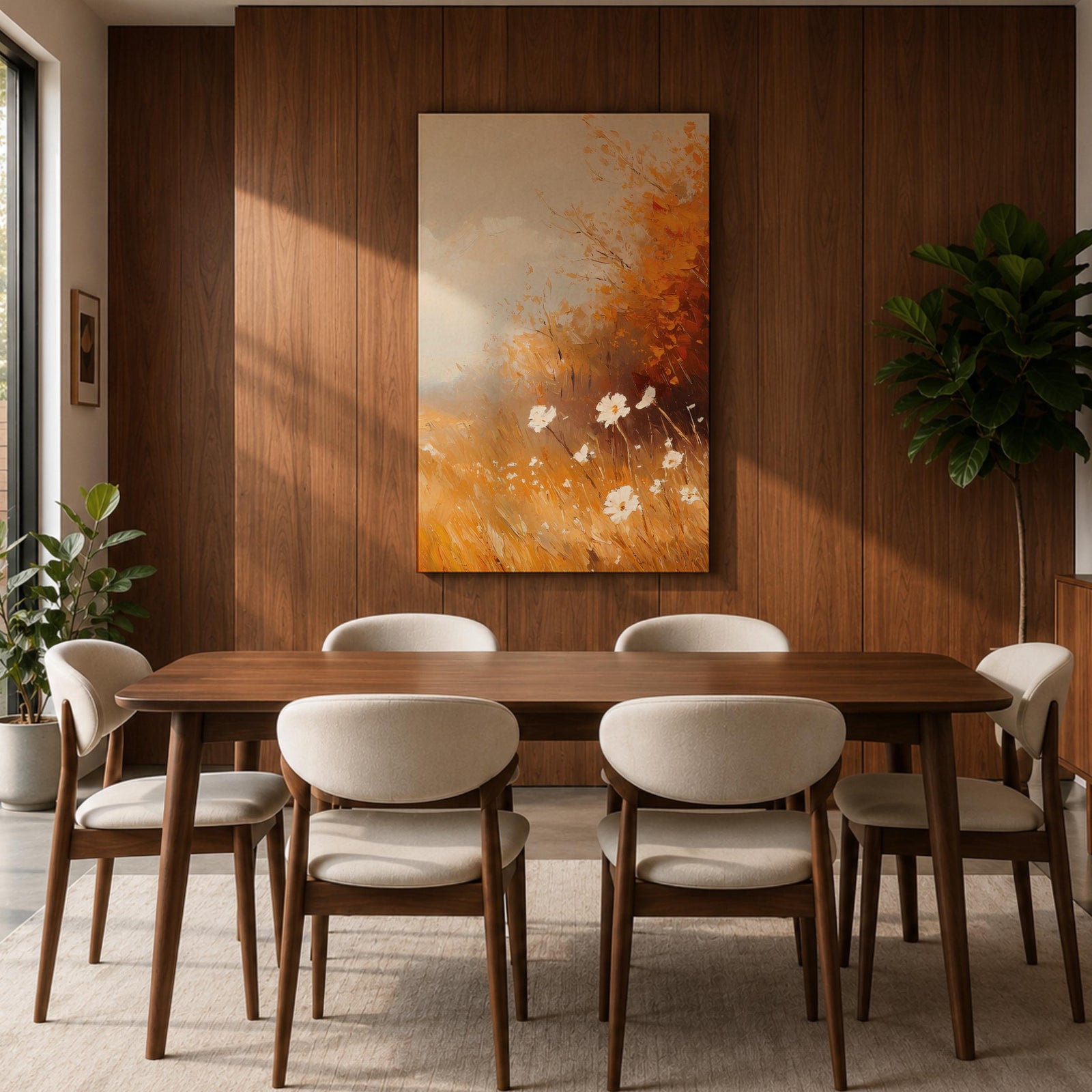 A vintage-style framed canvas depicting autumn wildflowers with white petals and golden foliage in an impressionistic, rustic floral composition. The artwork features textured brushstrokes and warm tones evoking a cozy cottagecore aesthetic.