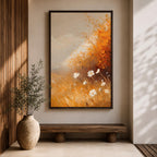 A vintage-style framed canvas depicting autumn wildflowers with white petals and golden foliage in an impressionistic, rustic floral composition. The artwork features textured brushstrokes and warm tones evoking a cozy cottagecore aesthetic.