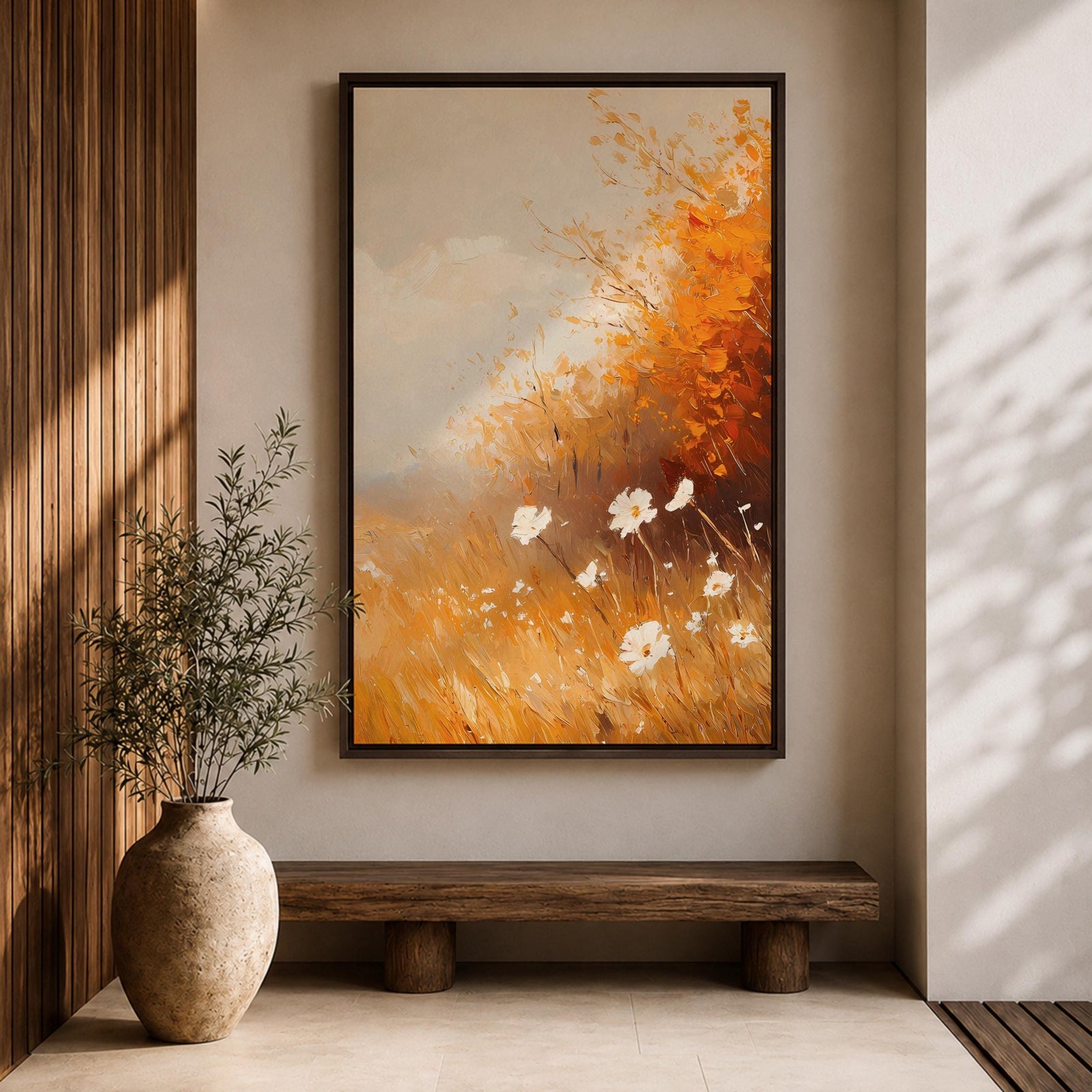 A vintage-style framed canvas depicting autumn wildflowers with white petals and golden foliage in an impressionistic, rustic floral composition. The artwork features textured brushstrokes and warm tones evoking a cozy cottagecore aesthetic.