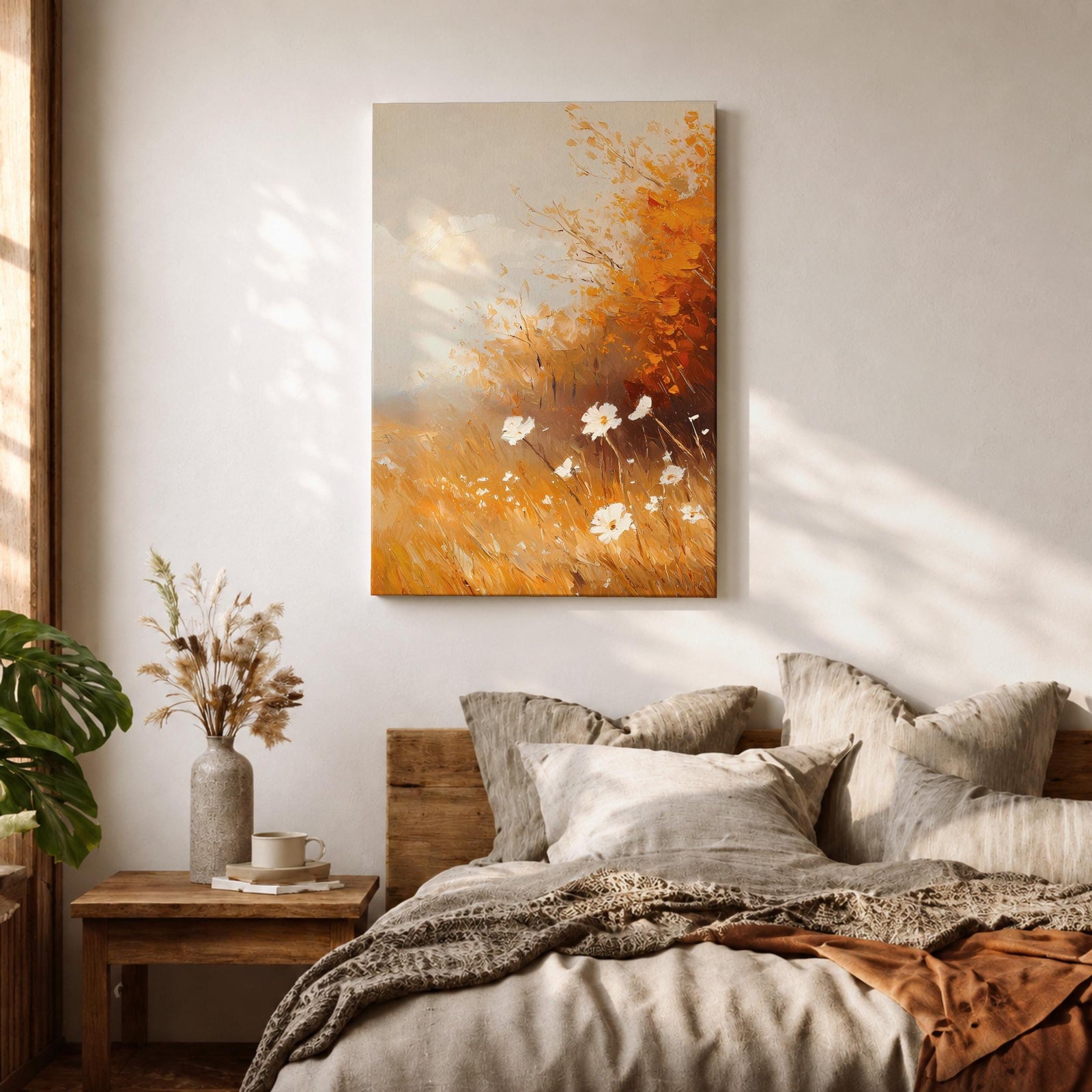 A vintage-style framed canvas depicting autumn wildflowers with white petals and golden foliage in an impressionistic, rustic floral composition. The artwork features textured brushstrokes and warm tones evoking a cozy cottagecore aesthetic.
