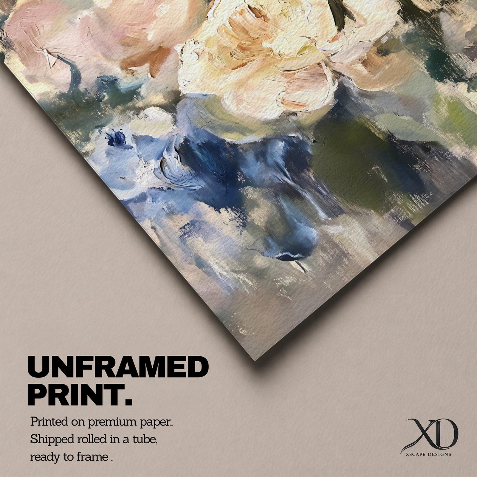 An abstract floral painting featuring loosely blended flowers including roses and other blooms in soft pastel tones with visible brushstrokes, rendered in an impressionistic style on a framed canvas.