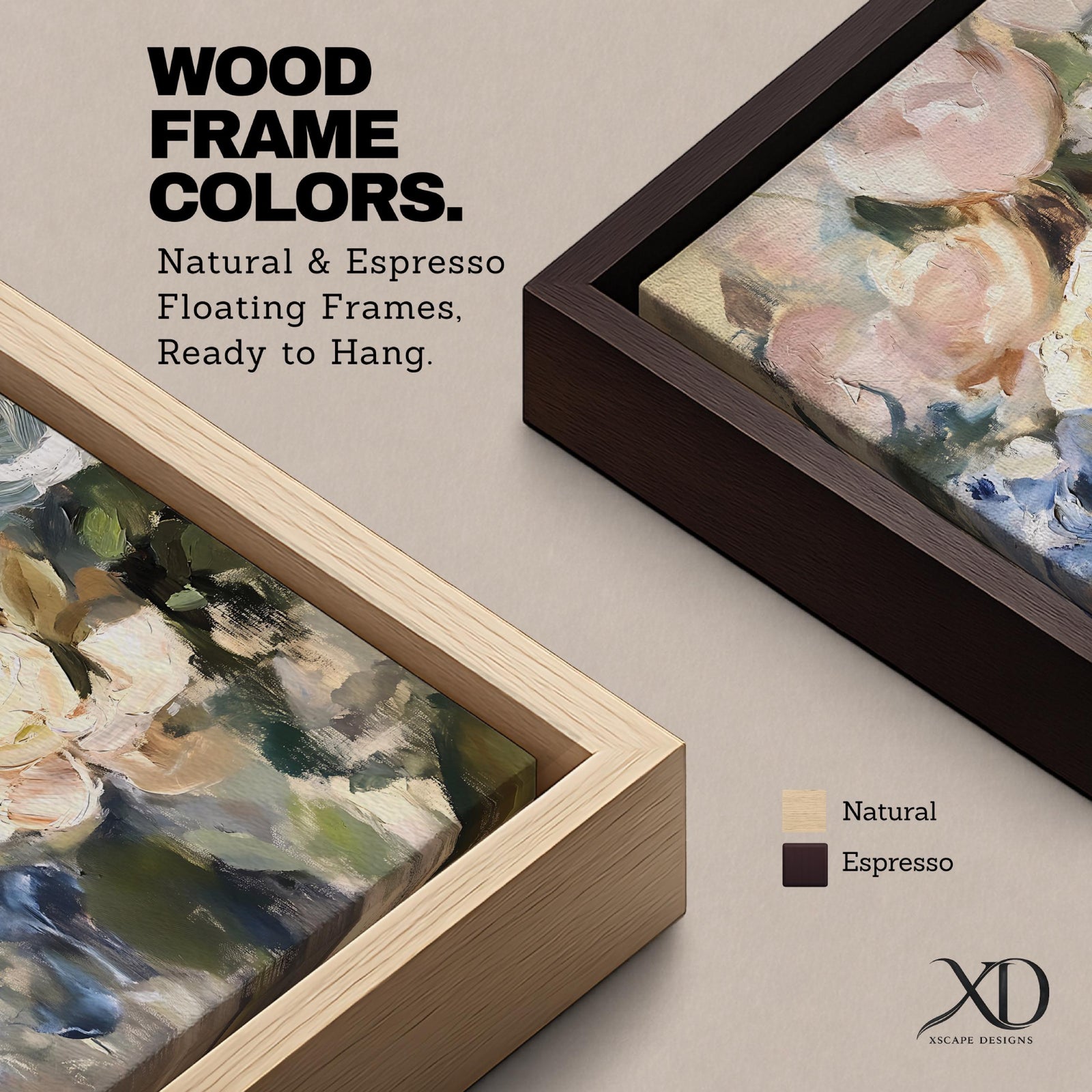 An abstract floral painting featuring loosely blended flowers including roses and other blooms in soft pastel tones with visible brushstrokes, rendered in an impressionistic style on a framed canvas.