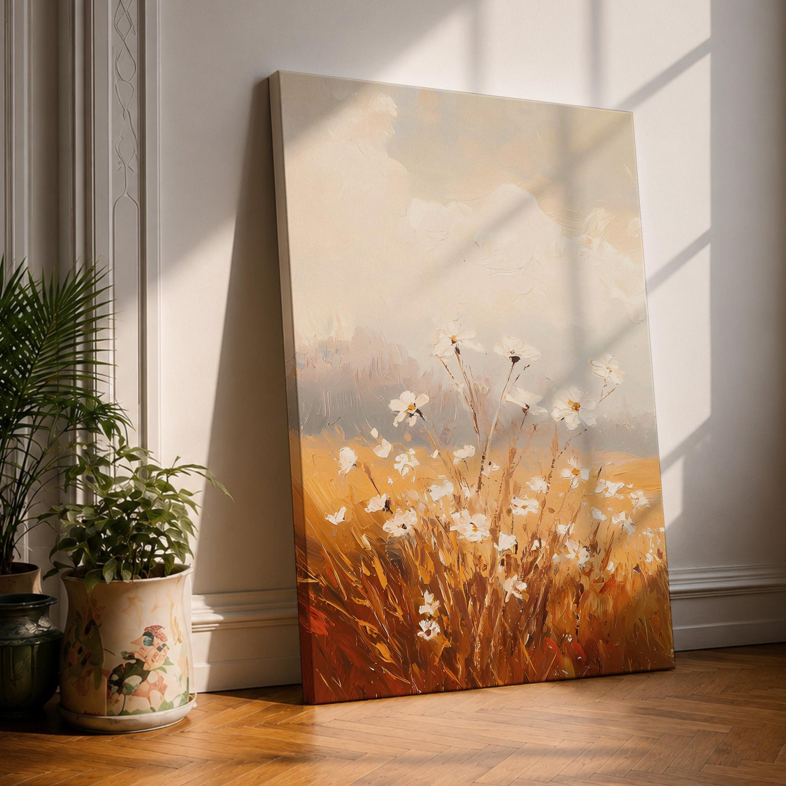 A framed watercolor painting of wildflowers and meadow flowers in soft, natural tones with delicate brushstrokes, capturing a rustic and cottagecore aesthetic with floral elements.