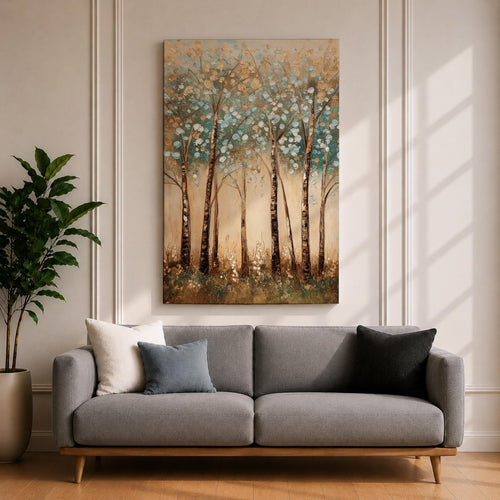 A vintage style framed canvas wall art depicting slender birch trees with textured bark and delicate foliage. The artwork features a rustic botanical theme with soft, muted colors and a natural forest setting, emphasizing the beauty of birch and aspen trees in a serene woodland environment.
