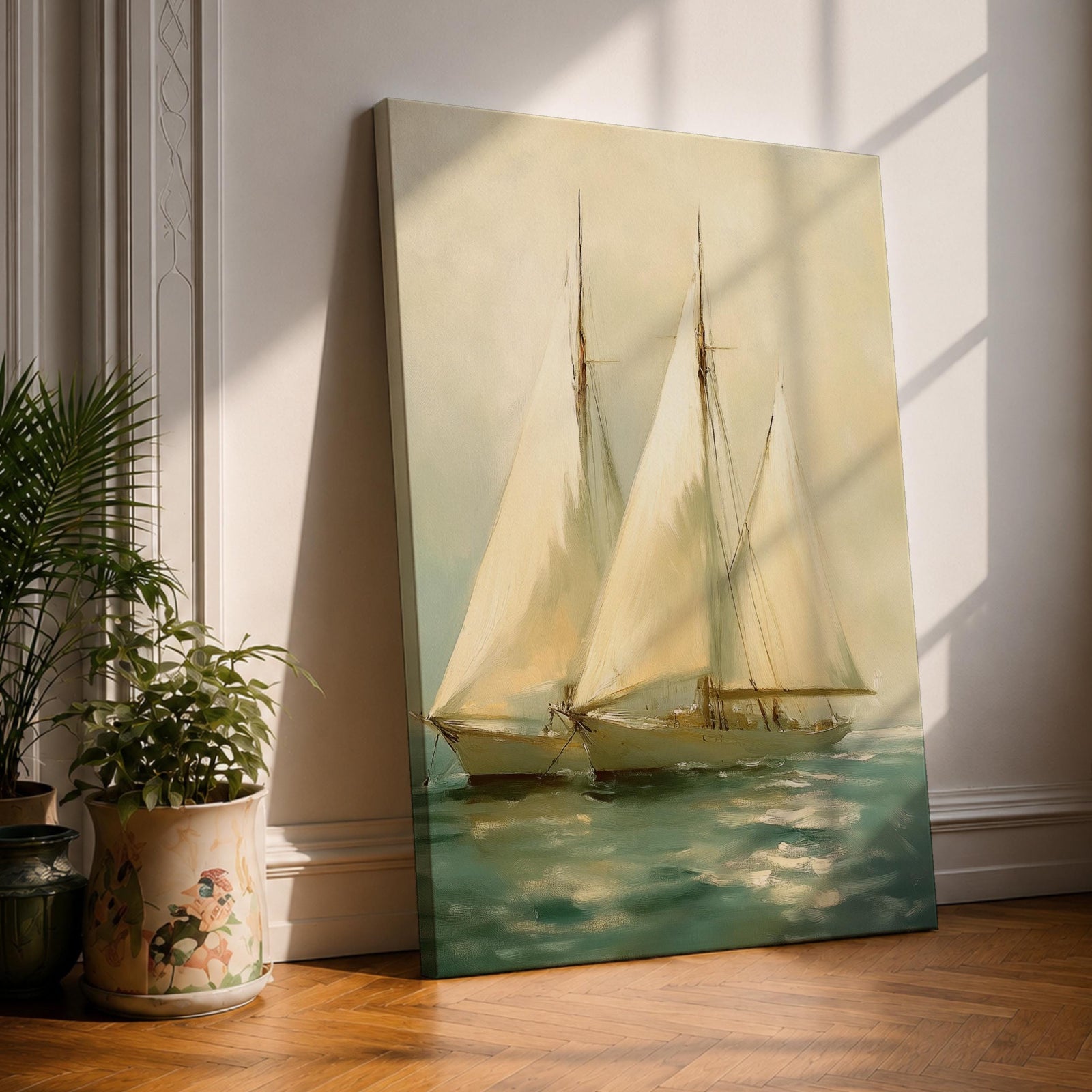 A vintage-style framed canvas painting depicting two sailboats with tall masts on calm water. The artwork features muted tones and soft brushwork, capturing a serene seascape scene with detailed sails and gentle waves, evoking a nostalgic maritime atmosphere.