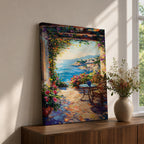 An impasto style painting depicting a Mediterranean patio overlooking a vibrant seaside landscape with lush flowers, wicker chairs, and a small table, capturing the coastal charm and natural beauty of the ocean view framed by colorful foliage.