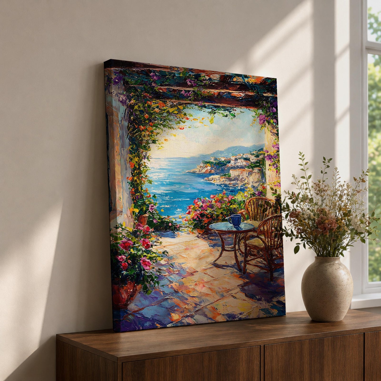 An impasto style painting depicting a Mediterranean patio overlooking a vibrant seaside landscape with lush flowers, wicker chairs, and a small table, capturing the coastal charm and natural beauty of the ocean view framed by colorful foliage.