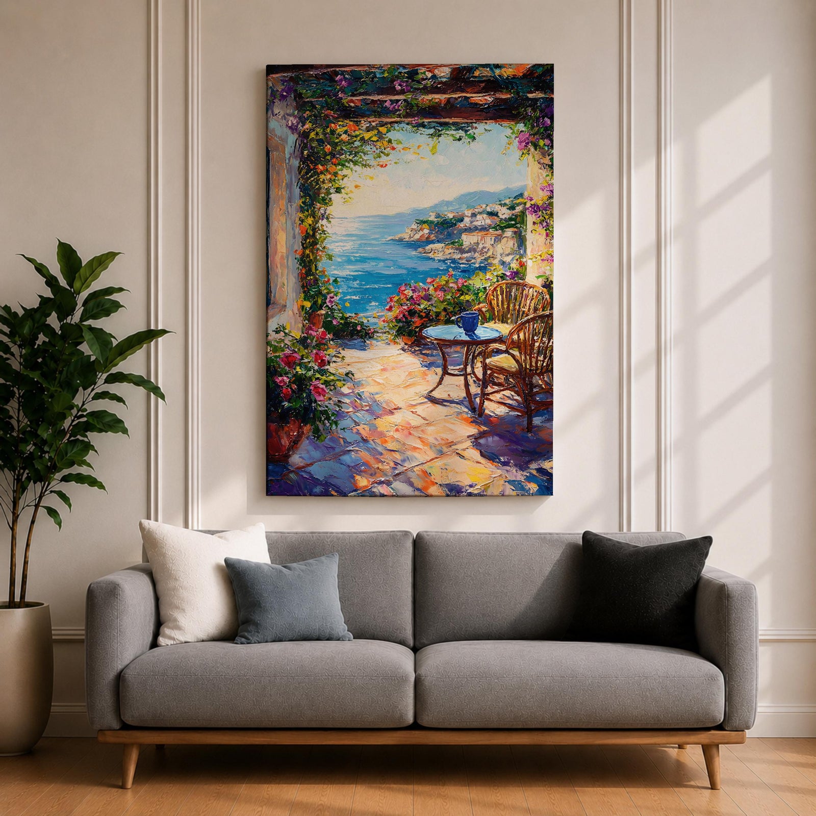 An impasto style painting depicting a Mediterranean patio overlooking a vibrant seaside landscape with lush flowers, wicker chairs, and a small table, capturing the coastal charm and natural beauty of the ocean view framed by colorful foliage.