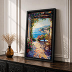 An impasto style painting depicting a Mediterranean patio overlooking a vibrant seaside landscape with lush flowers, wicker chairs, and a small table, capturing the coastal charm and natural beauty of the ocean view framed by colorful foliage.