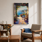 An impasto style painting depicting a Mediterranean patio overlooking a vibrant seaside landscape with lush flowers, wicker chairs, and a small table, capturing the coastal charm and natural beauty of the ocean view framed by colorful foliage.