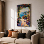 An impasto style painting depicting a Mediterranean patio overlooking a vibrant seaside landscape with lush flowers, wicker chairs, and a small table, capturing the coastal charm and natural beauty of the ocean view framed by colorful foliage.