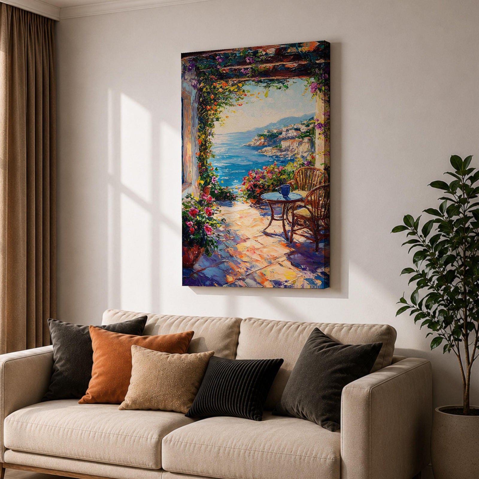An impasto style painting depicting a Mediterranean patio overlooking a vibrant seaside landscape with lush flowers, wicker chairs, and a small table, capturing the coastal charm and natural beauty of the ocean view framed by colorful foliage.