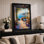 An impasto style painting depicting a Mediterranean patio overlooking a vibrant seaside landscape with lush flowers, wicker chairs, and a small table, capturing the coastal charm and natural beauty of the ocean view framed by colorful foliage.