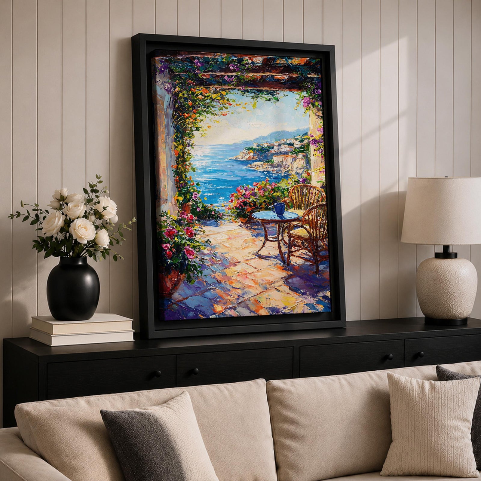 An impasto style painting depicting a Mediterranean patio overlooking a vibrant seaside landscape with lush flowers, wicker chairs, and a small table, capturing the coastal charm and natural beauty of the ocean view framed by colorful foliage.