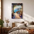 An impasto style painting depicting a Mediterranean patio overlooking a vibrant seaside landscape with lush flowers, wicker chairs, and a small table, capturing the coastal charm and natural beauty of the ocean view framed by colorful foliage.