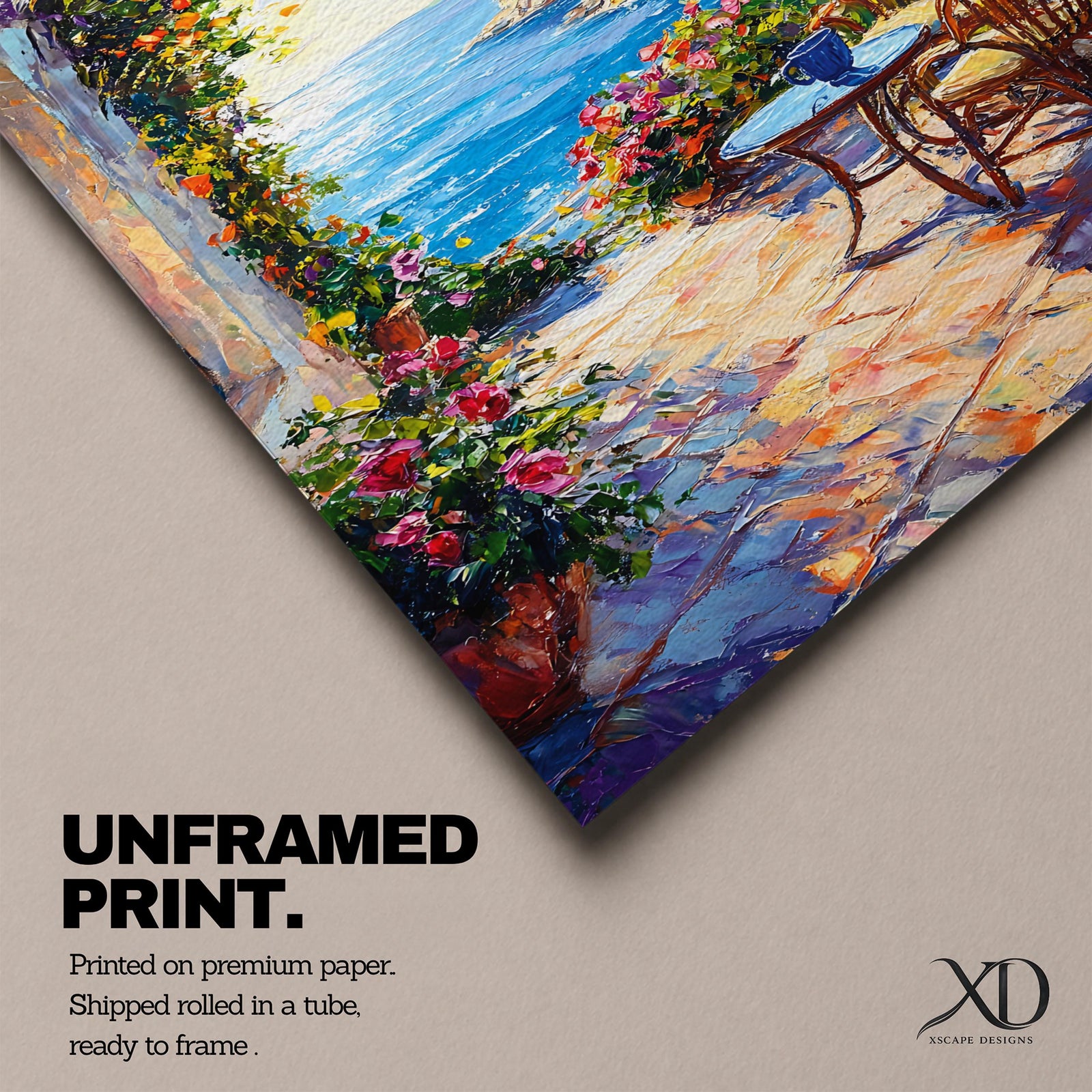 An impasto style painting depicting a Mediterranean patio overlooking a vibrant seaside landscape with lush flowers, wicker chairs, and a small table, capturing the coastal charm and natural beauty of the ocean view framed by colorful foliage.