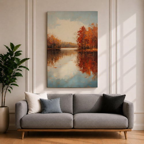 A vintage style framed canvas painting depicting an autumn landscape with trees in fall colors reflected on a calm lake. The artwork captures rustic fall scenery with textured brushstrokes and warm tones, emphasizing the natural beauty of the season in a classic vintage style.