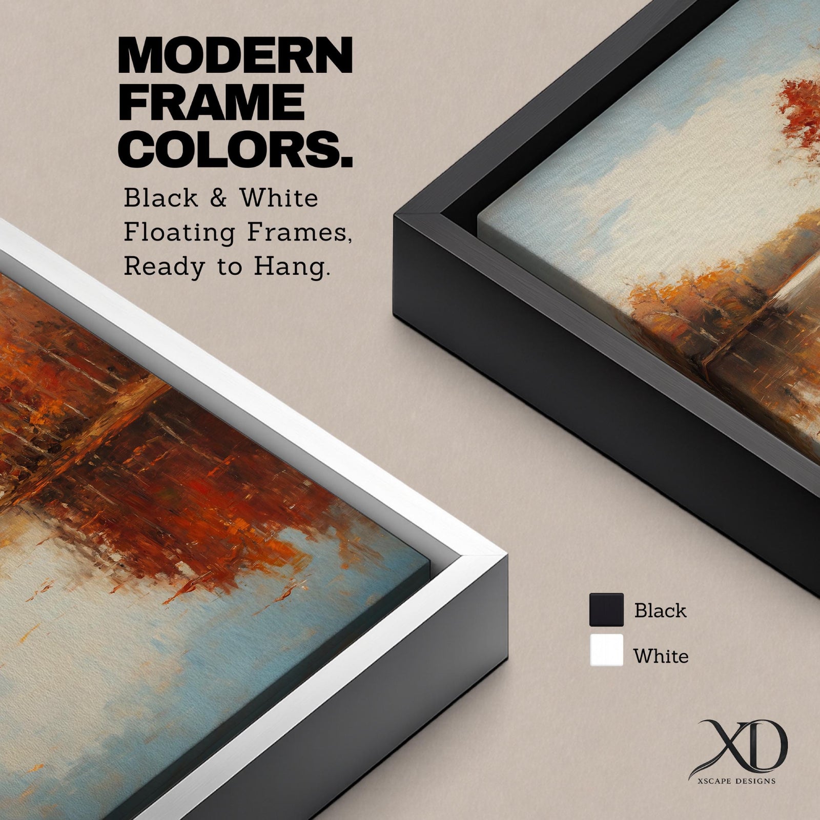 A vintage style framed canvas painting depicting an autumn landscape with trees in fall colors reflected on a calm lake. The artwork captures rustic fall scenery with textured brushstrokes and warm tones, emphasizing the natural beauty of the season in a classic vintage style.