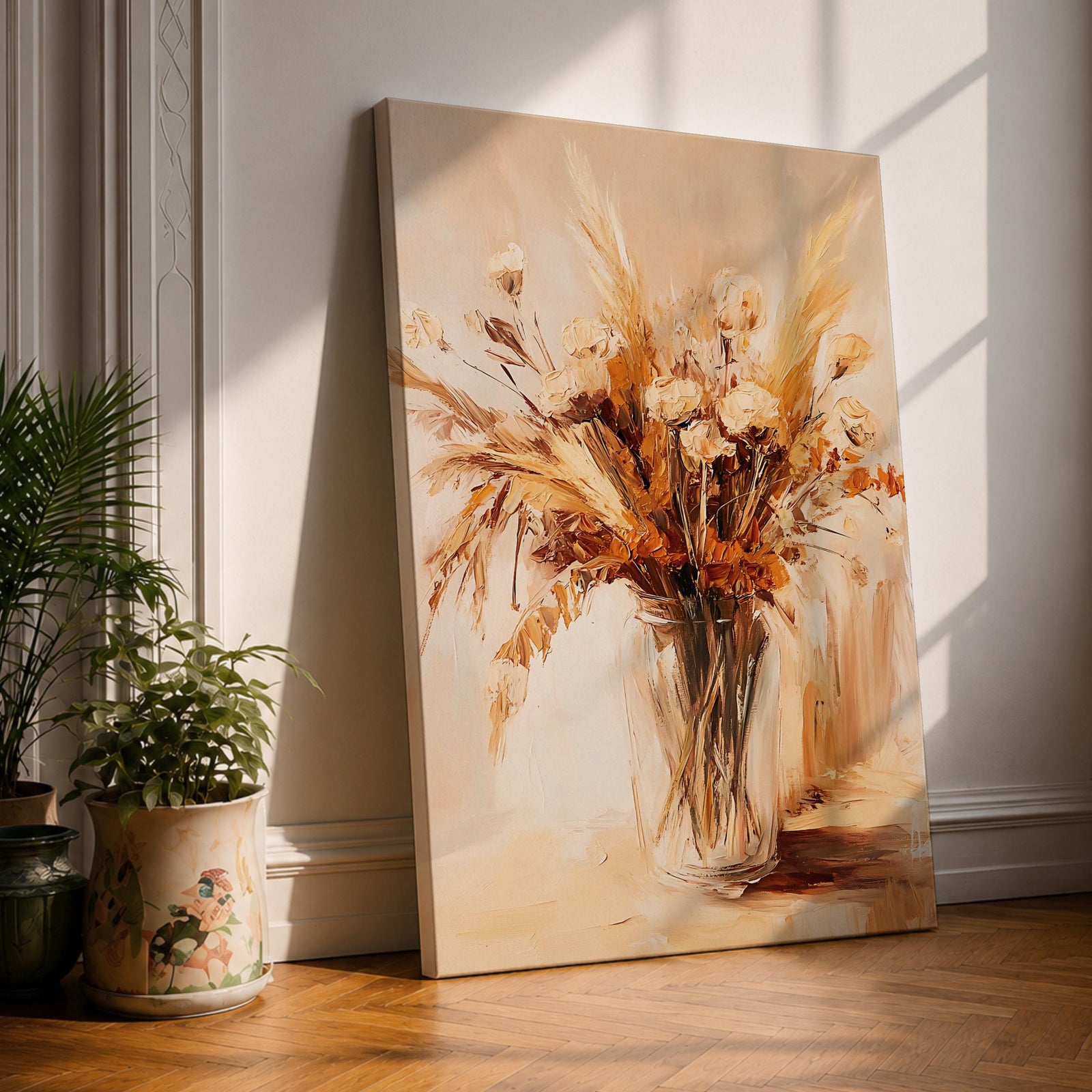 A framed canvas artwork depicting a dried floral bouquet in a vase, rendered in a vintage style with warm earthy tones. The composition features detailed dried flowers and grasses arranged naturally, capturing rustic botanical elements with a cottagecore aesthetic.