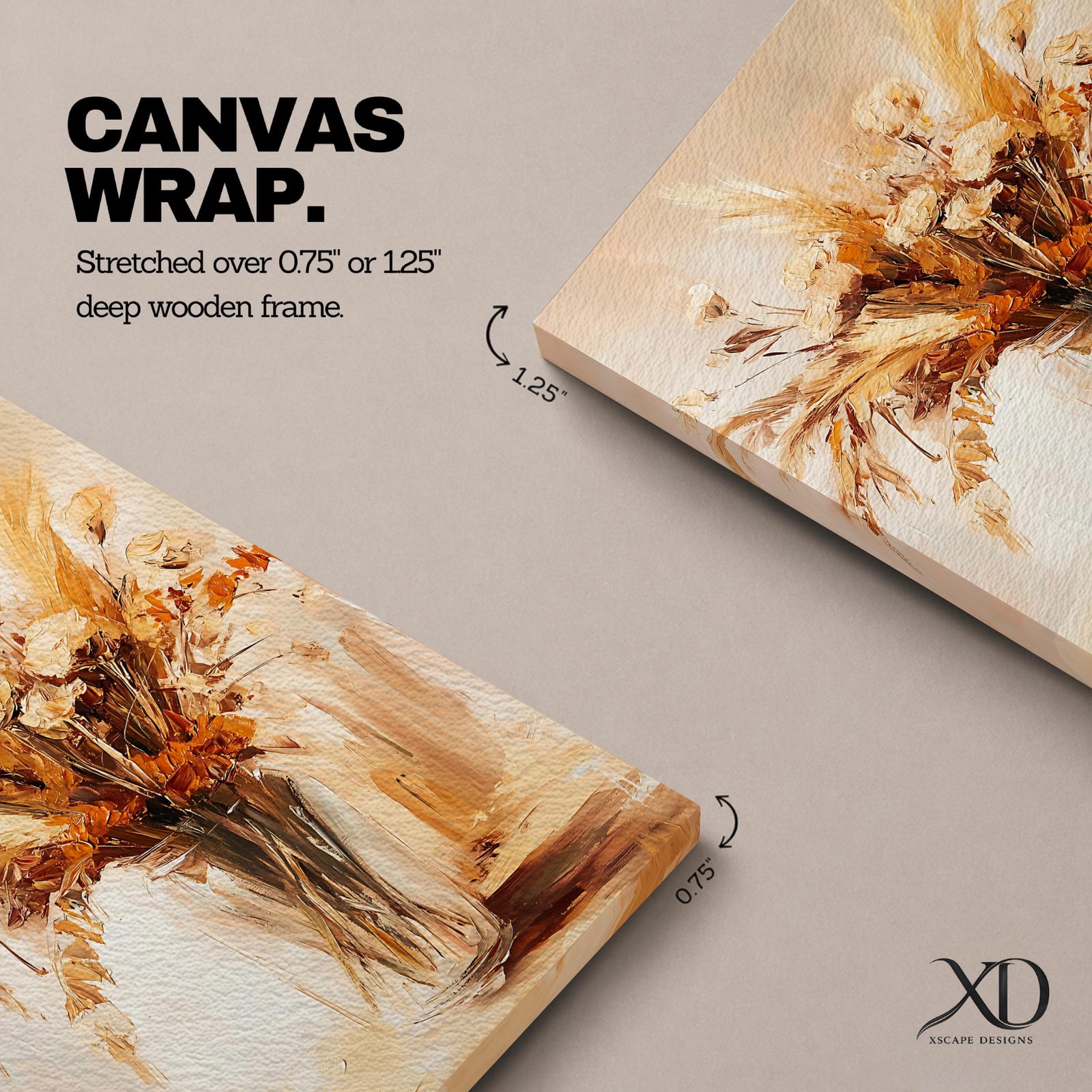 A framed canvas artwork depicting a dried floral bouquet in a vase, rendered in a vintage style with warm earthy tones. The composition features detailed dried flowers and grasses arranged naturally, capturing rustic botanical elements with a cottagecore aesthetic.