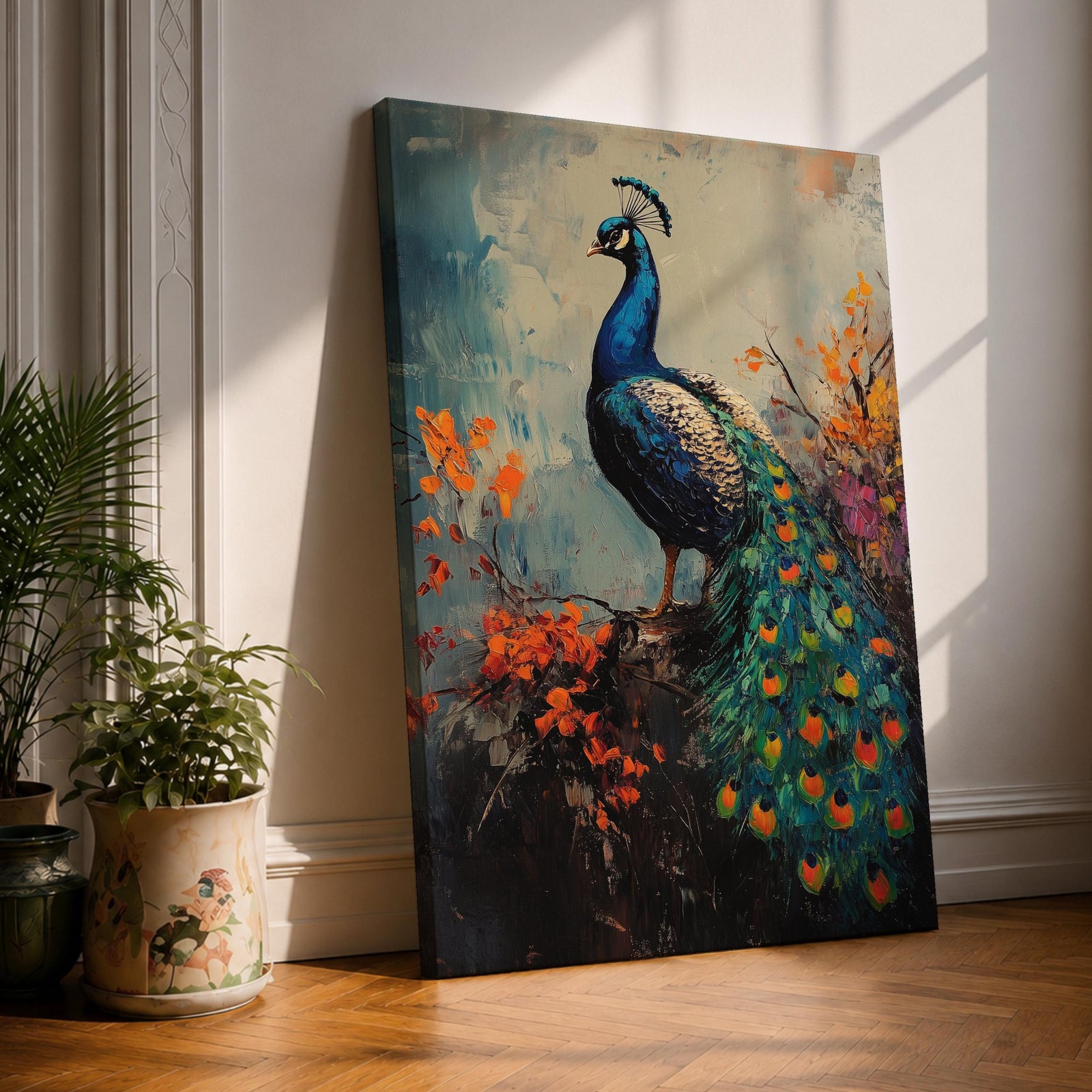 This artwork features a detailed impasto painting of a peacock standing on a branch surrounded by vibrant foliage. The thick textured brushstrokes emphasize the bird’s feathers and tail, creating a rich, tactile visual effect. The composition highlights the peacock’s elegant posture and colorful plumage in a natural setting.