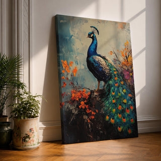 This artwork features a detailed impasto painting of a peacock standing on a branch surrounded by vibrant foliage. The thick textured brushstrokes emphasize the bird’s feathers and tail, creating a rich, tactile visual effect. The composition highlights the peacock’s elegant posture and colorful plumage in a natural setting.