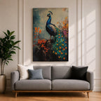 This artwork features a detailed impasto painting of a peacock standing on a branch surrounded by vibrant foliage. The thick textured brushstrokes emphasize the bird’s feathers and tail, creating a rich, tactile visual effect. The composition highlights the peacock’s elegant posture and colorful plumage in a natural setting.