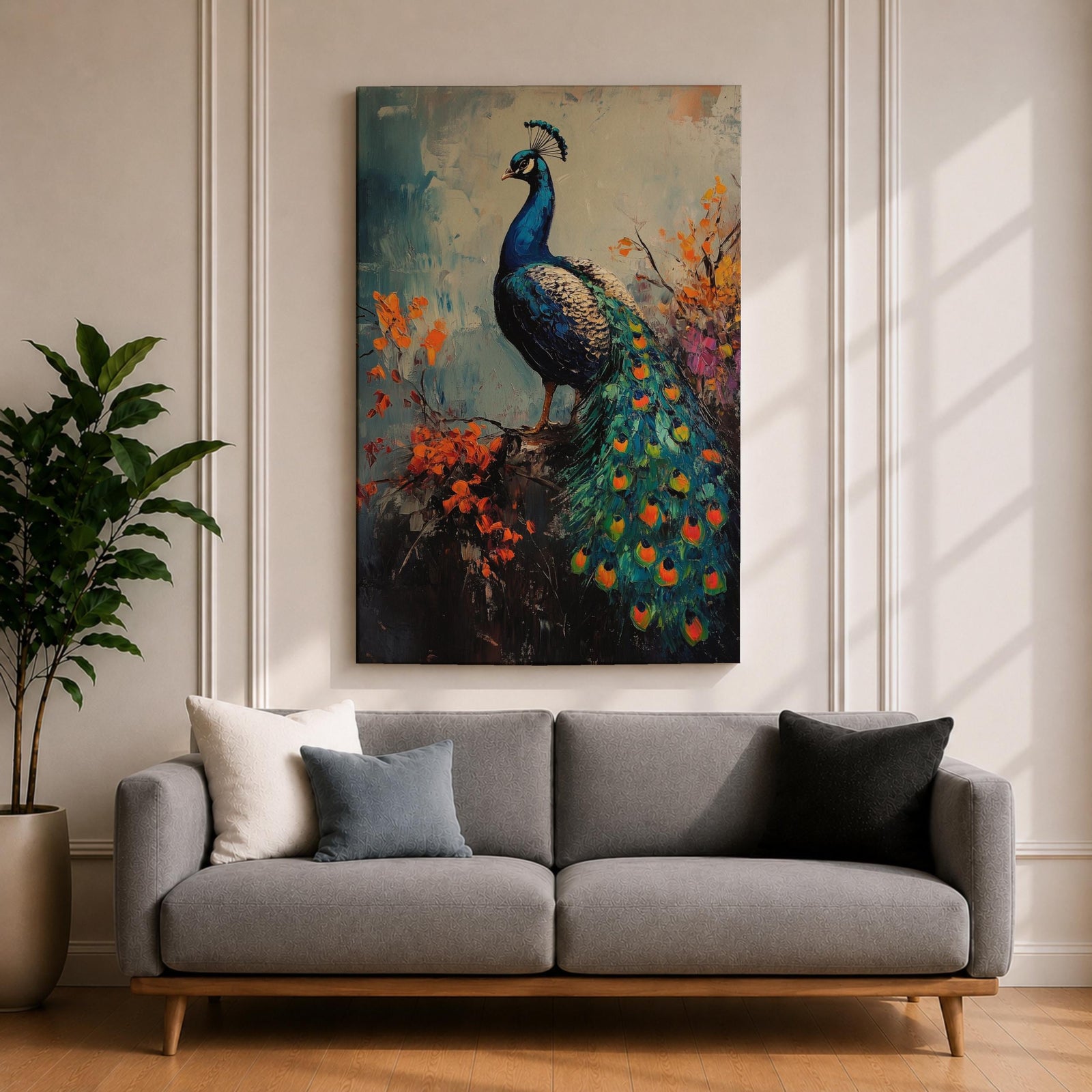 This artwork features a detailed impasto painting of a peacock standing on a branch surrounded by vibrant foliage. The thick textured brushstrokes emphasize the bird’s feathers and tail, creating a rich, tactile visual effect. The composition highlights the peacock’s elegant posture and colorful plumage in a natural setting.