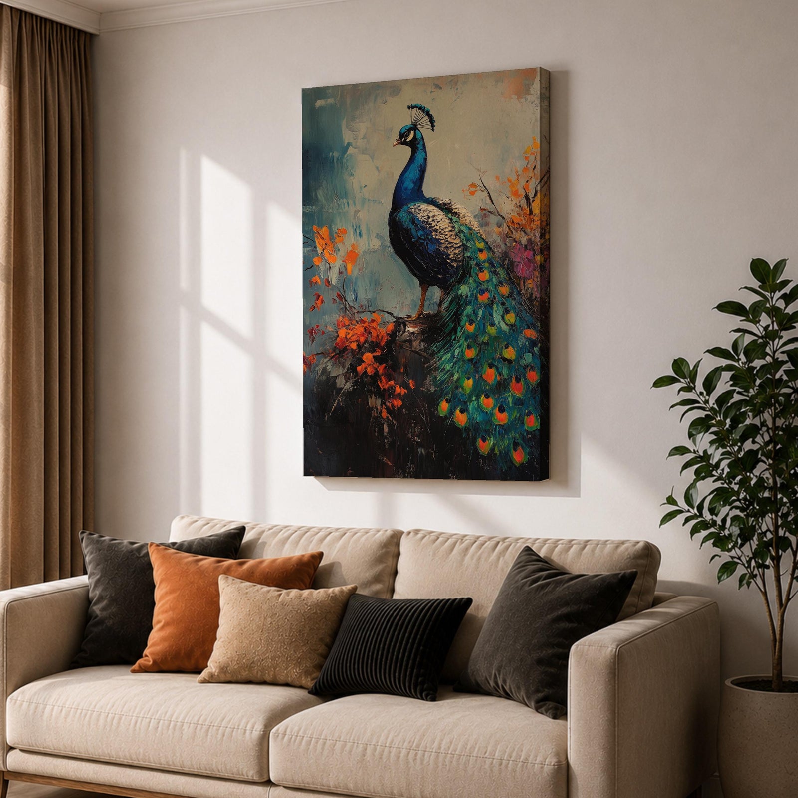 This artwork features a detailed impasto painting of a peacock standing on a branch surrounded by vibrant foliage. The thick textured brushstrokes emphasize the bird’s feathers and tail, creating a rich, tactile visual effect. The composition highlights the peacock’s elegant posture and colorful plumage in a natural setting.