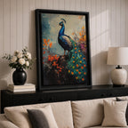 This artwork features a detailed impasto painting of a peacock standing on a branch surrounded by vibrant foliage. The thick textured brushstrokes emphasize the bird’s feathers and tail, creating a rich, tactile visual effect. The composition highlights the peacock’s elegant posture and colorful plumage in a natural setting.